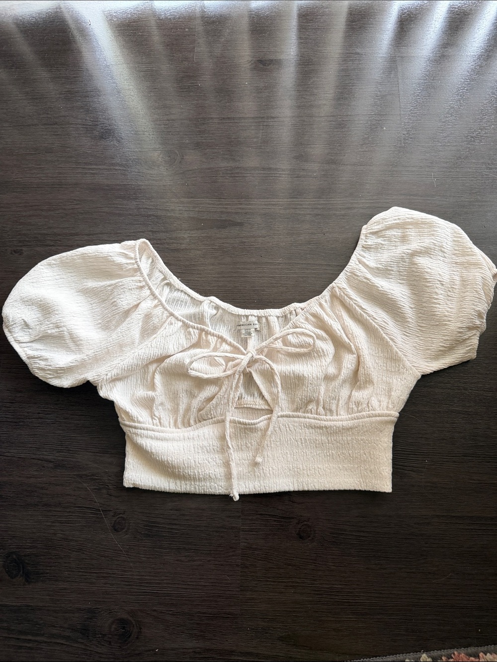 American Eagle Outfitters Cream Puff-Sleeve Tie-Front Crop Top